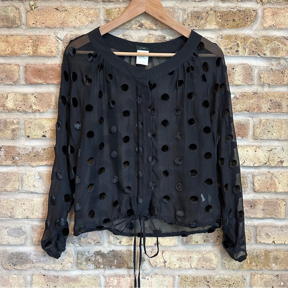 J. Crew Sheer Black Top w/ Velvet Polka Dots & Ruched Sleeves